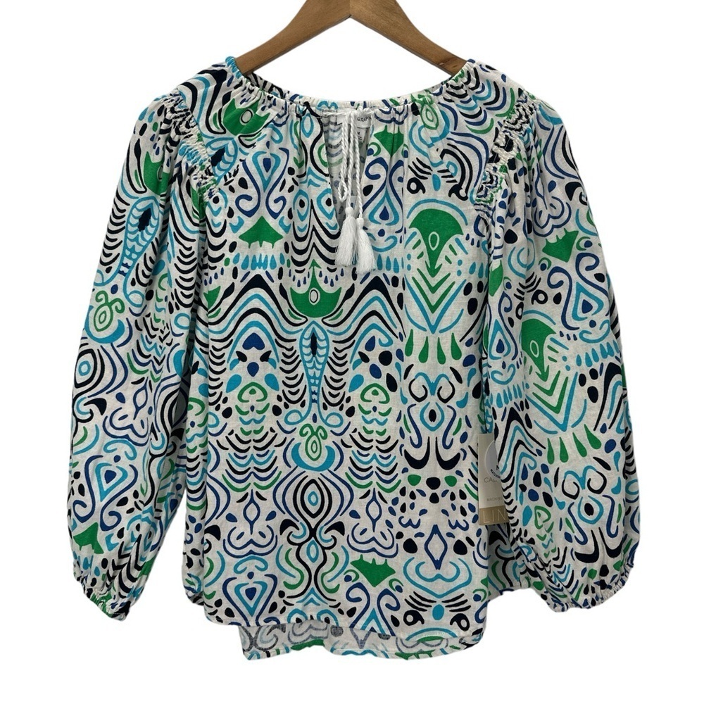 Calligraphie Linen Blend Tie Front Artsy Geometric Print Blouse Top Resortwear M